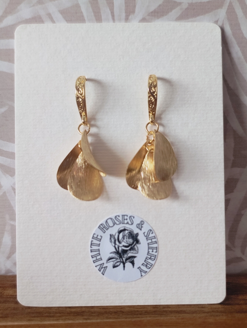White Roses & Sherry OOAK 18k Gold Plated Petal Earrings